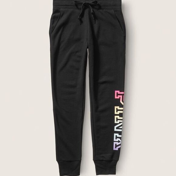 NWT VS‎ PINK EVERYDAY LOUNGE SKINNY JOGGER SWEATPANTS BLACK/RAINBOW LOGO PRINT - Picture 3 of 14
